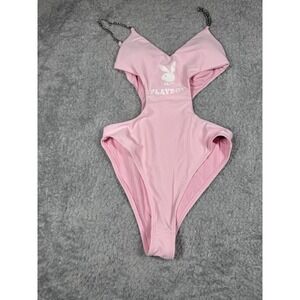 B22 New Womens PLAYBOY 🐰Light Pink One Piece Swimsuit with Chain Straps size Xs